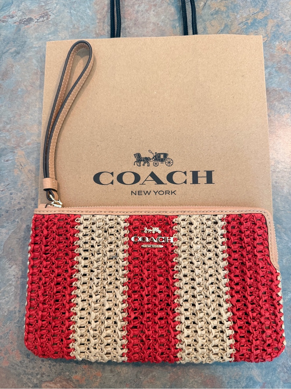 Coach Red and Natural Striped Raffia Wristlet